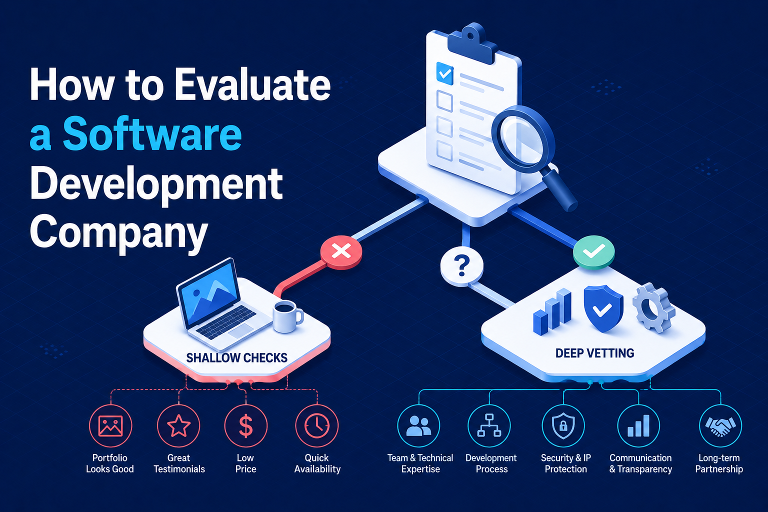 Software development company evaluation framework comparing shallow checks with deep operational vetting